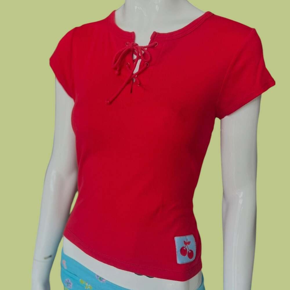 Y2K Cherry Red Lace-up Cherry Patch Top by Planet Sleep